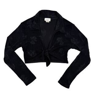 Tie Front Crop Top Knit Jersey Shirt Black Floral Long Sleeve Sz L Made in USA